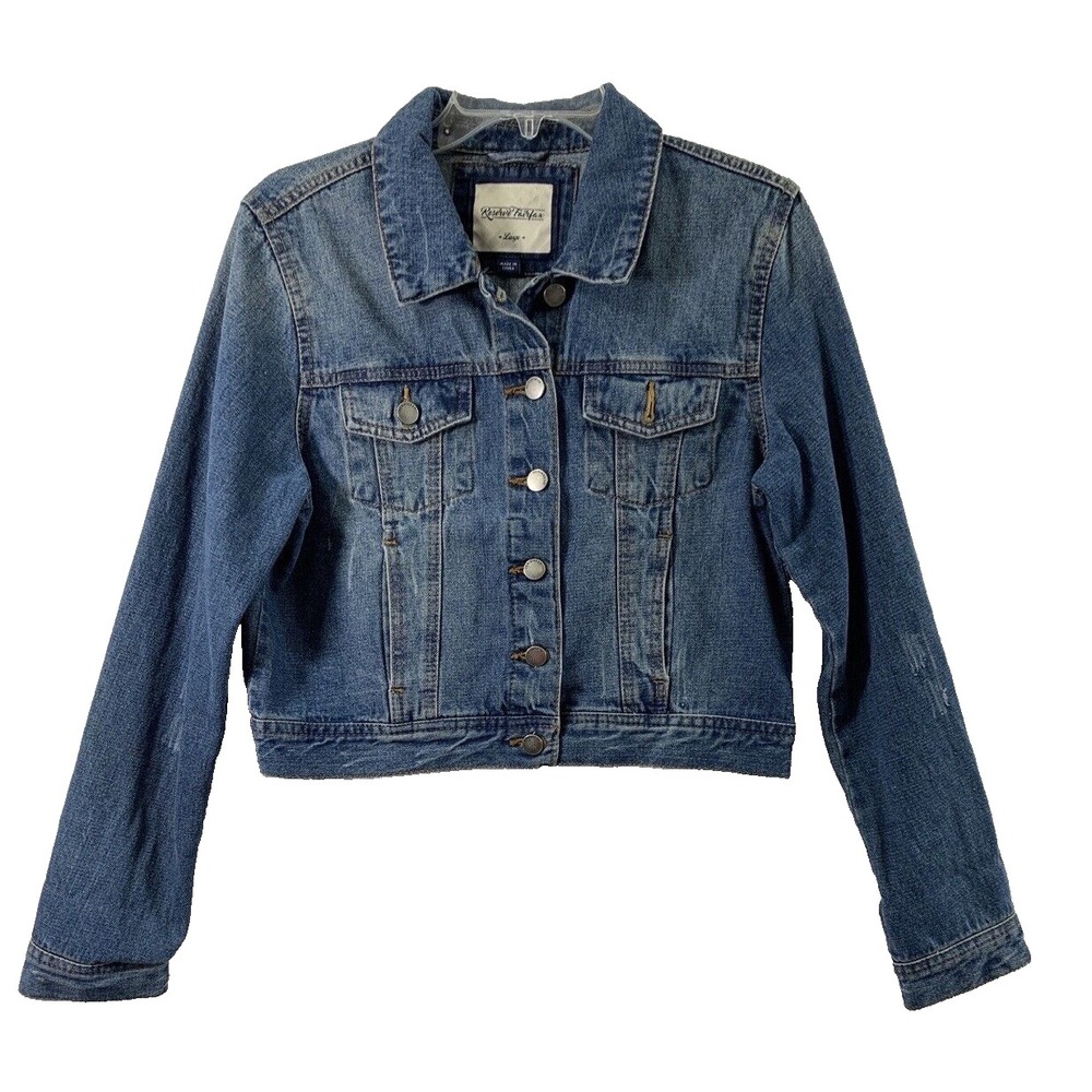 Womens Jean Jacket Size Large Blue Denim Medium Wash Western Distress‎ Concert